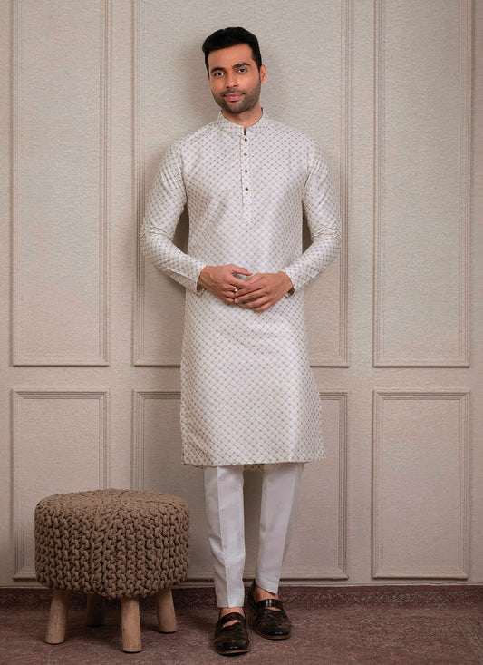 Embroidered Silk Cream Kurta Pyjama - M8390