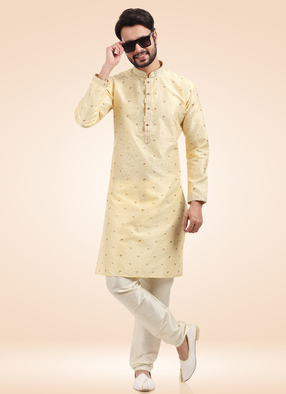 Fancy Work Brocade, Jacquard Silk Cream Kurta Pyjama - M4570