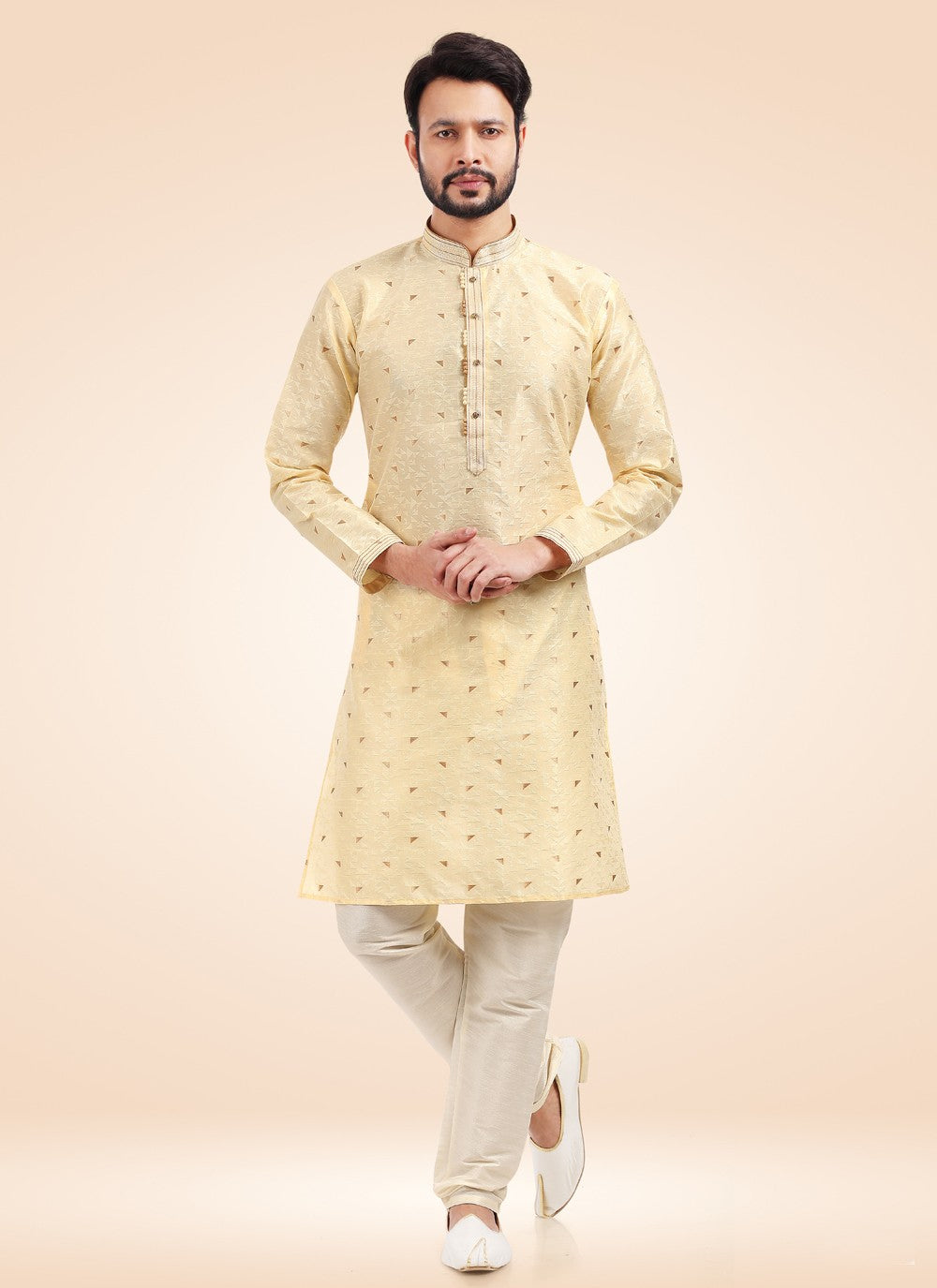 Fancy Work Brocade, Jacquard Silk Cream Kurta Pyjama - M4570