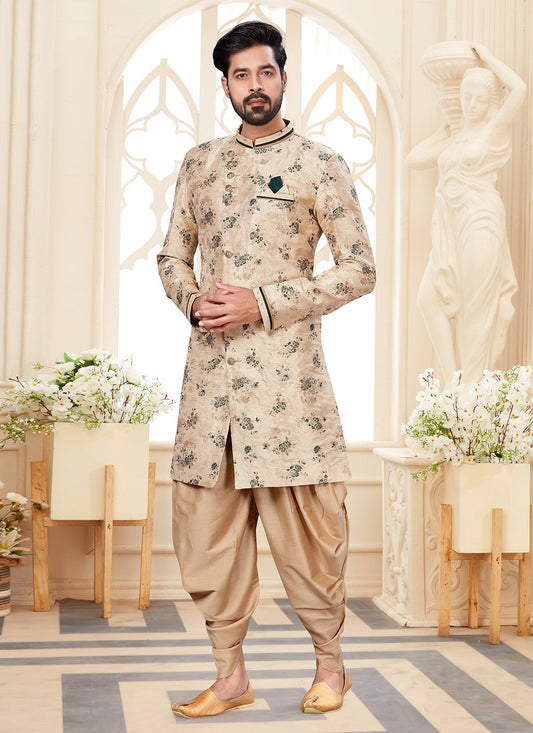 Jacquard Work Fancy Fabric Cream Indo Western Sherwani - M2936