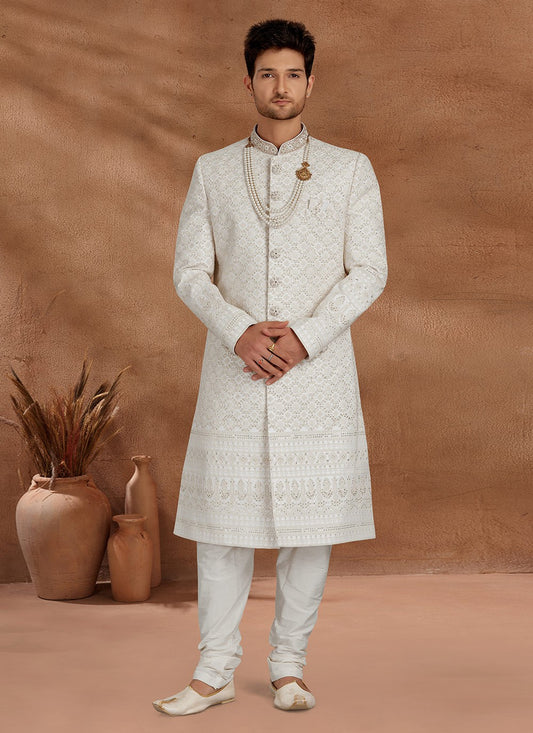 Fancy Work Lucknowi Cream Indo Western Sherwani - M2783