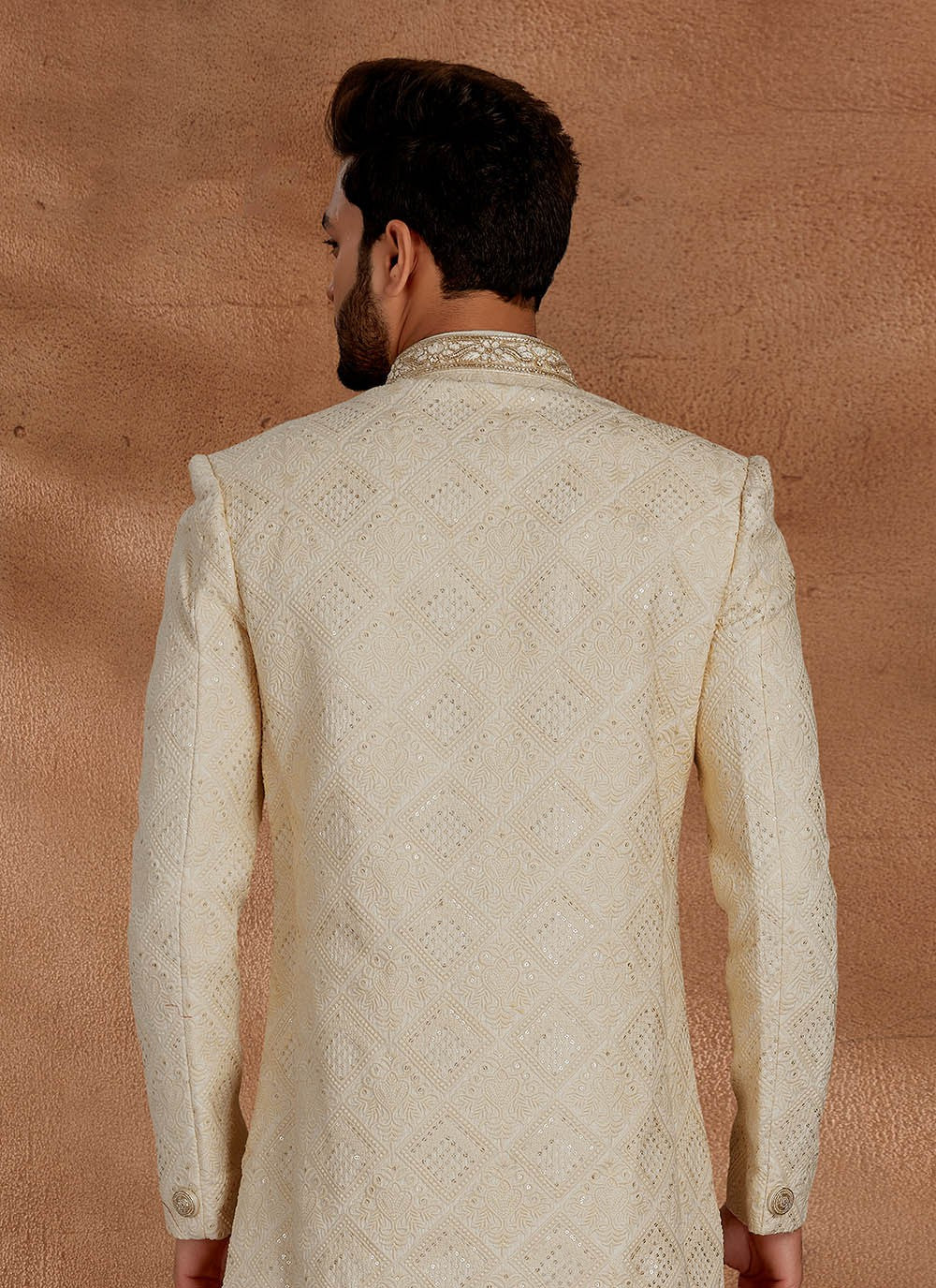 Jacquard Work Lucknowi Cream Indo Western Sherwani - M2702