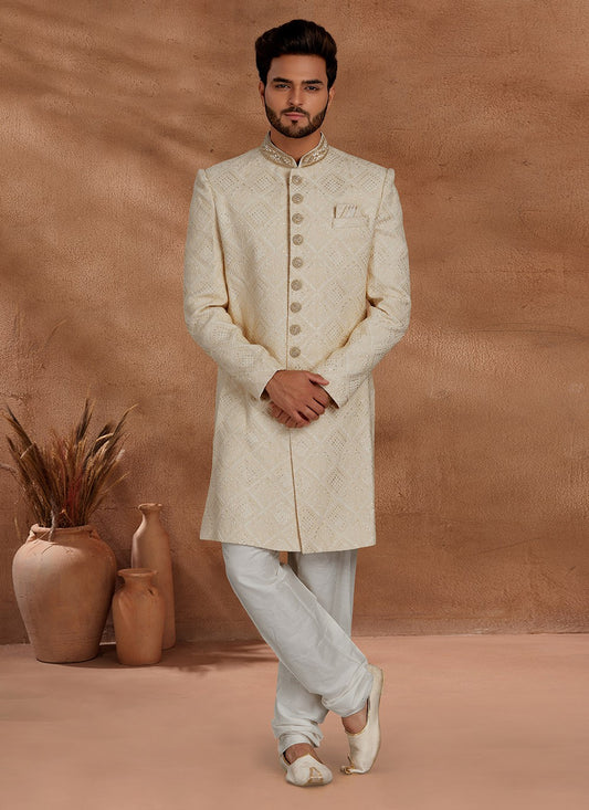 Jacquard Work Lucknowi Cream Indo Western Sherwani - M2702