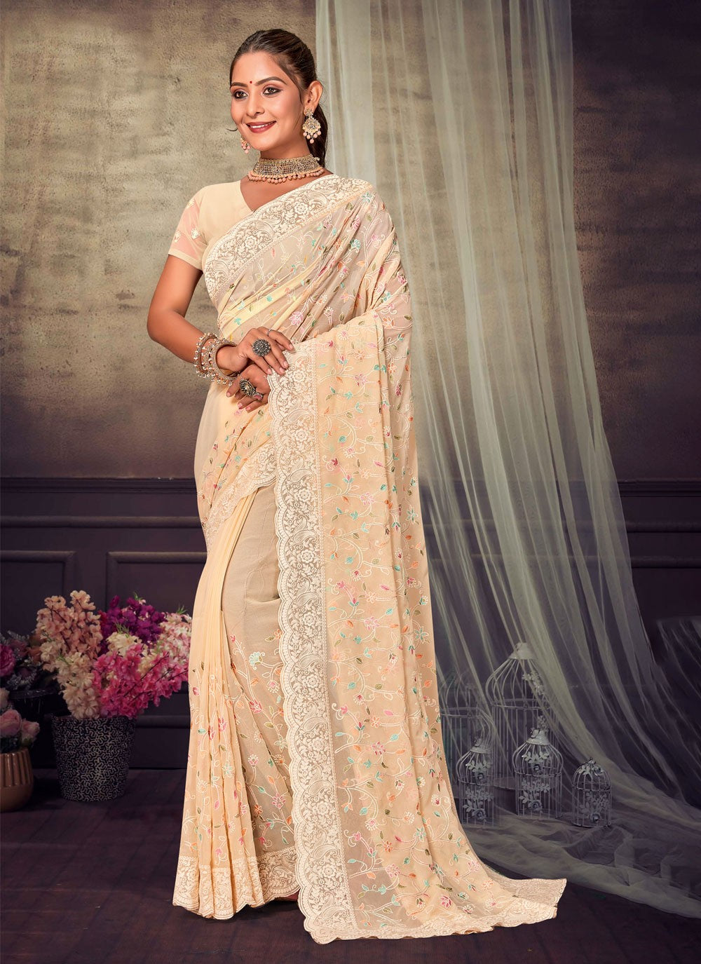 Trendy Embroidered Georgette Saree - S4200