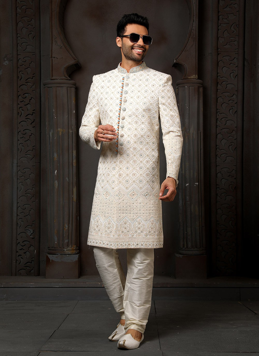 Machine Embroidery Georgette Cream Sherwani - M4120