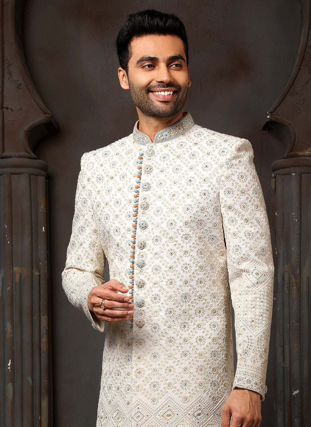 Machine Embroidery Georgette Cream Sherwani - M4120