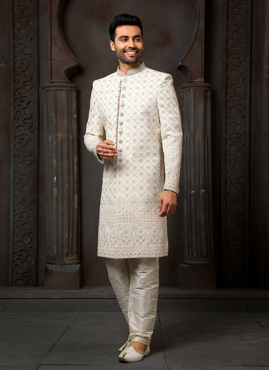 Machine Embroidery Georgette Cream Sherwani - M4120