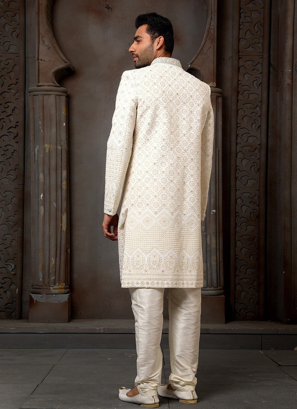 Machine Embroidery Georgette Cream Sherwani - M4120