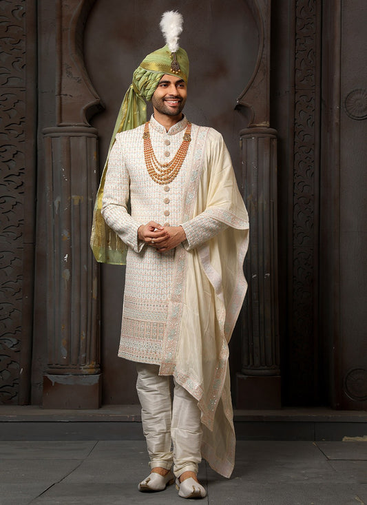 Machine Embroidery Georgette Cream Sherwani - M4116