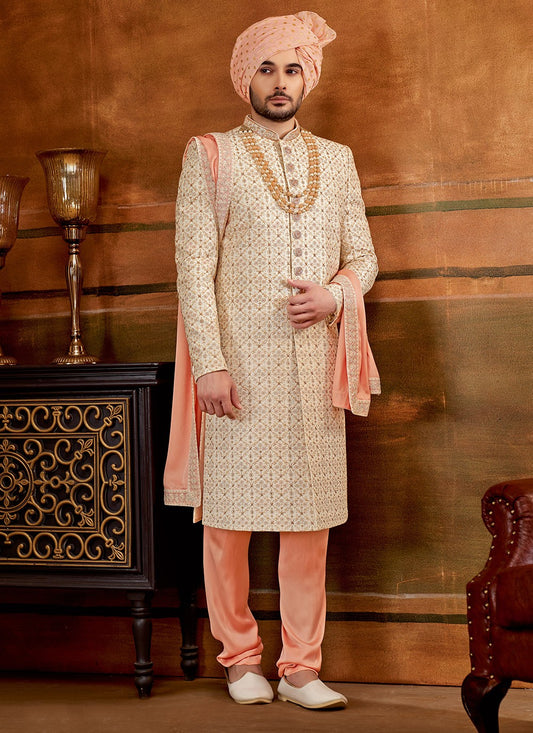 Hand Embroidery Art Silk Cream Sherwani - M4308