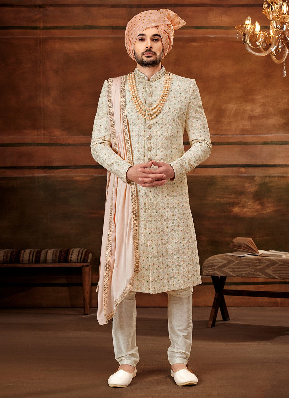 Hand Embroidery Georgette Cream Sherwani - M4291