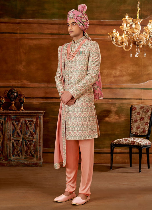 Hand Embroidery Art Silk Cream Sherwani - M4299