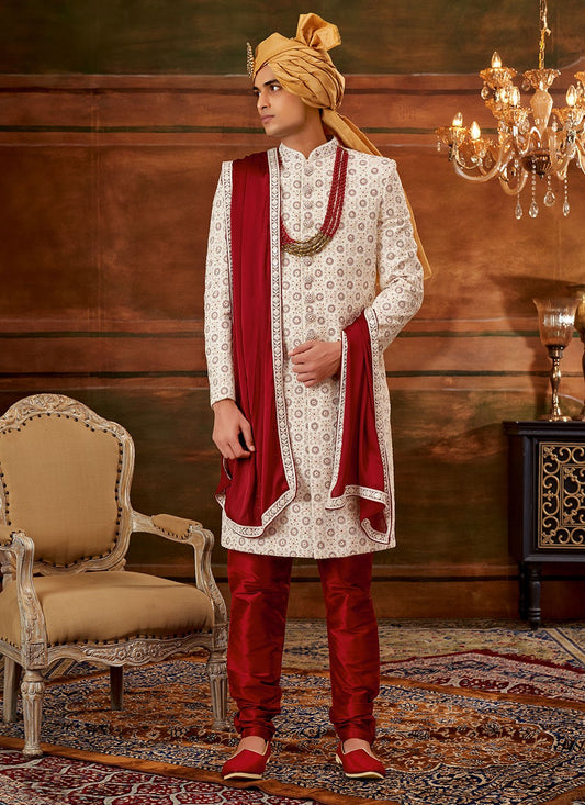 Hand Embroidery Georgette Cream Sherwani - M4311