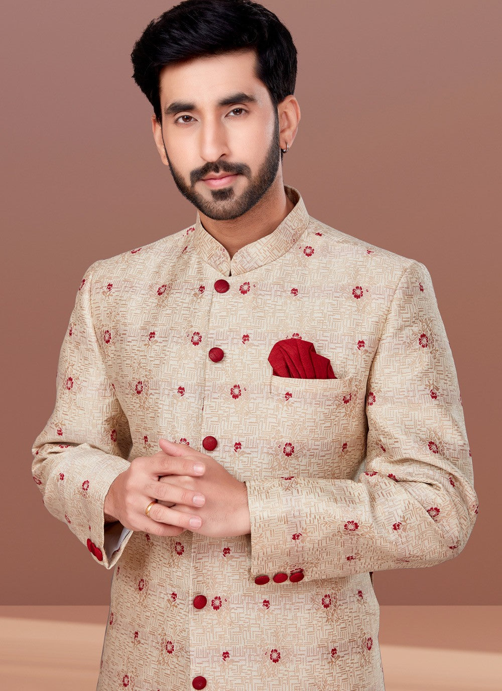 Fancy Work Jacquard Cream Indo Western - M4634