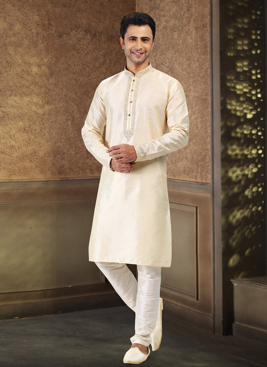 Fancy Work Banarasi Silk, Jacquard Cream Kurta Pyjama - M4866