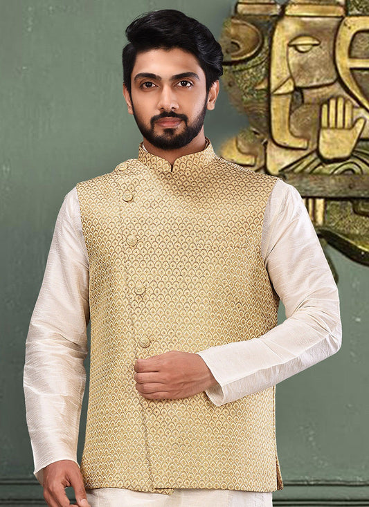 Fancy Work Jacquard Cream Nehru Jackets - M2747