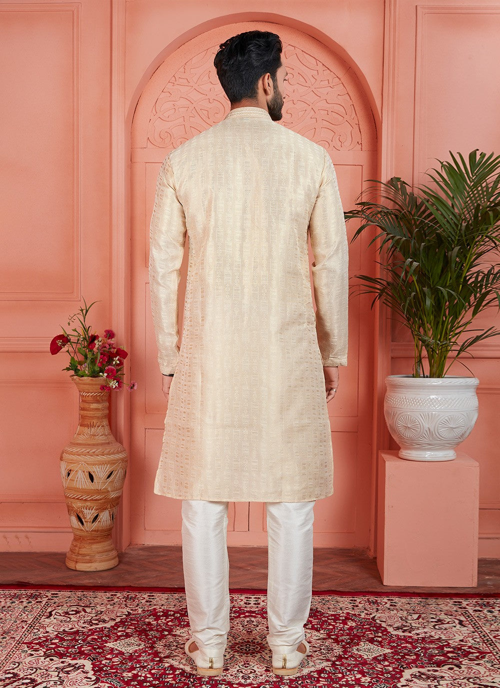 Printed Brocade, Jacquard Silk Cream Kurta Pyjama - M7746