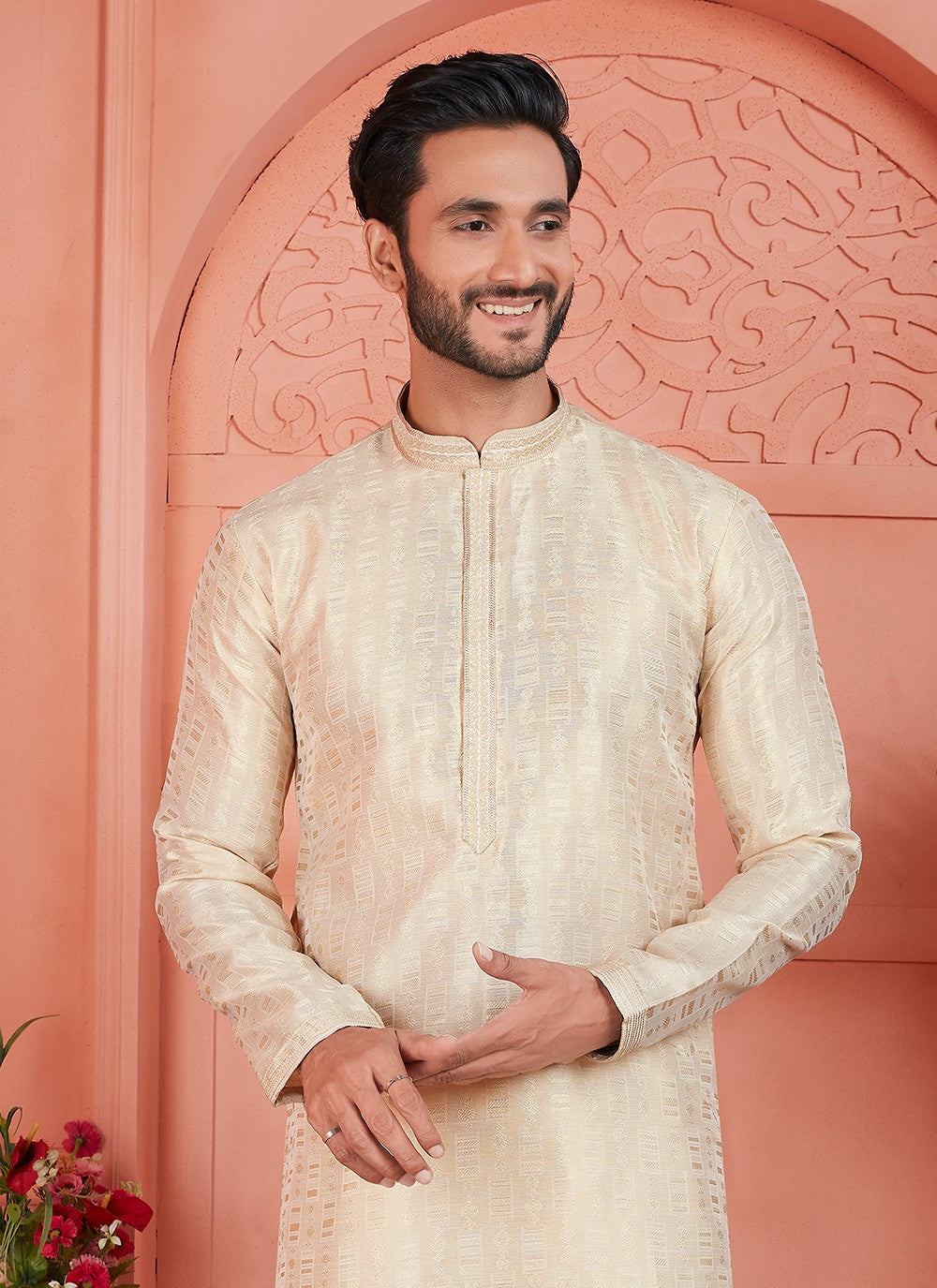 Printed Brocade, Jacquard Silk Cream Kurta Pyjama - M7746