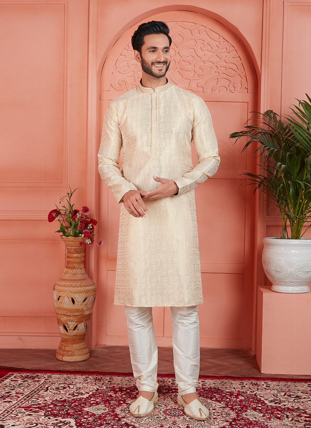 Printed Brocade, Jacquard Silk Cream Kurta Pyjama - M7746