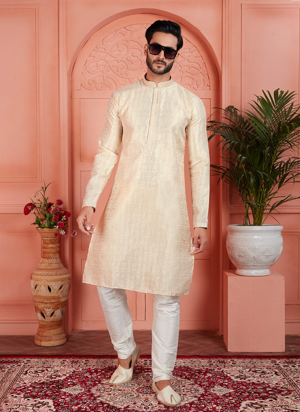 Printed Brocade, Jacquard Silk Cream Kurta Pyjama - M7746