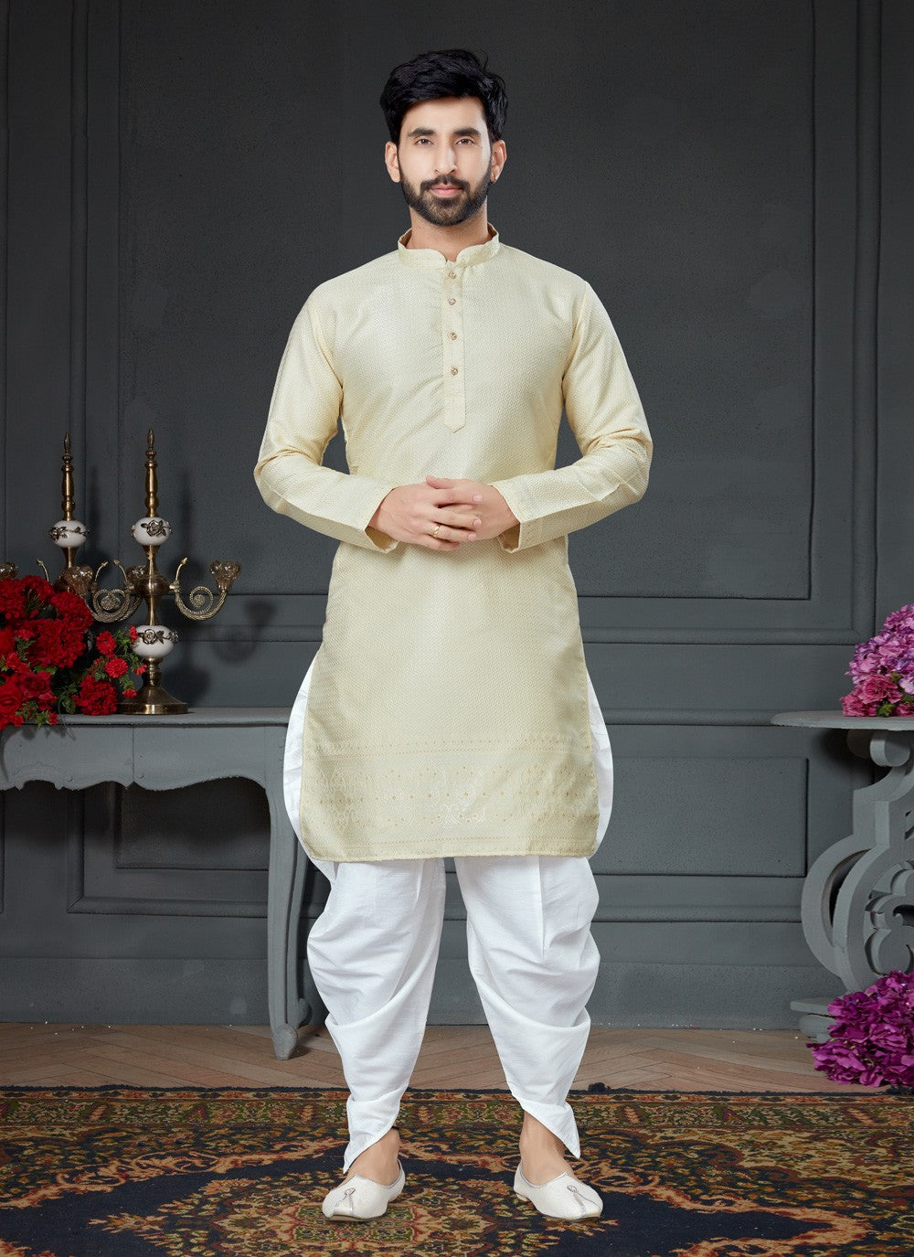 Jacquard Work Silk Cream Dhoti Kurta - M4160