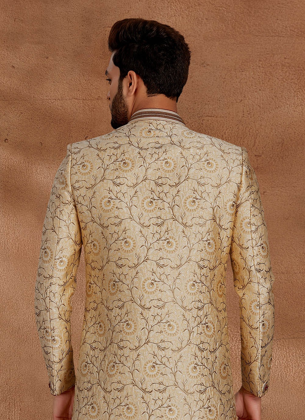 Jacquard Work Jacquard Cream Indo Western Sherwani - M2700