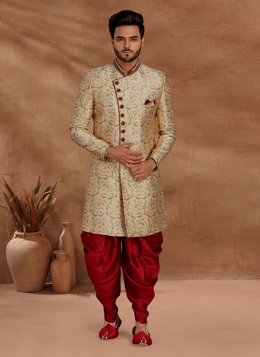 Jacquard Work Jacquard Cream Indo Western Sherwani - M2700