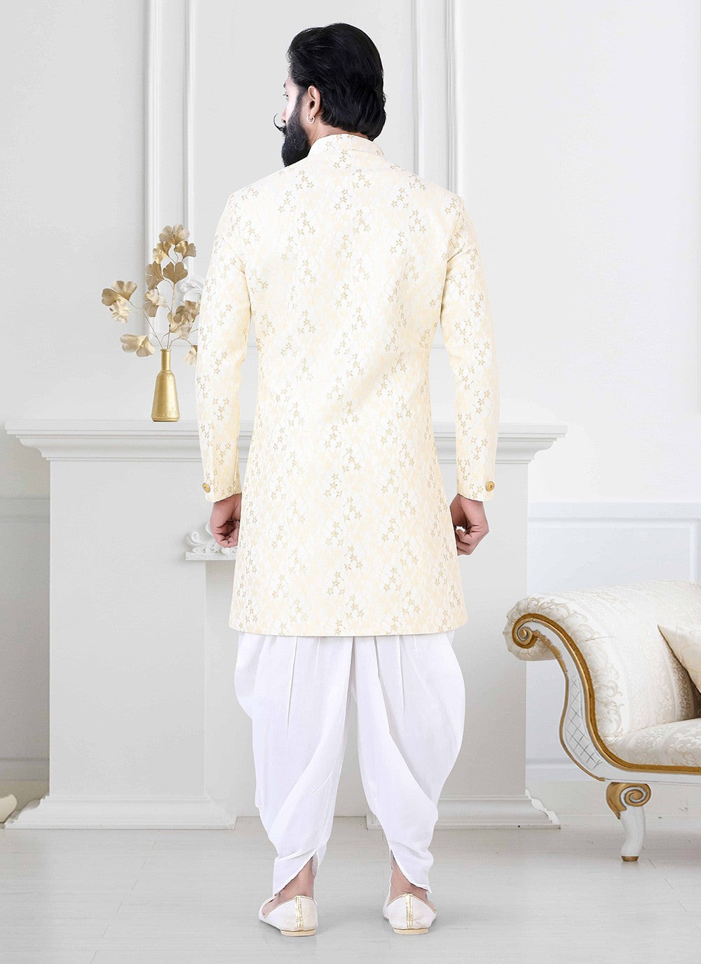 Woven Jacquard Cream Indo Western - M4193