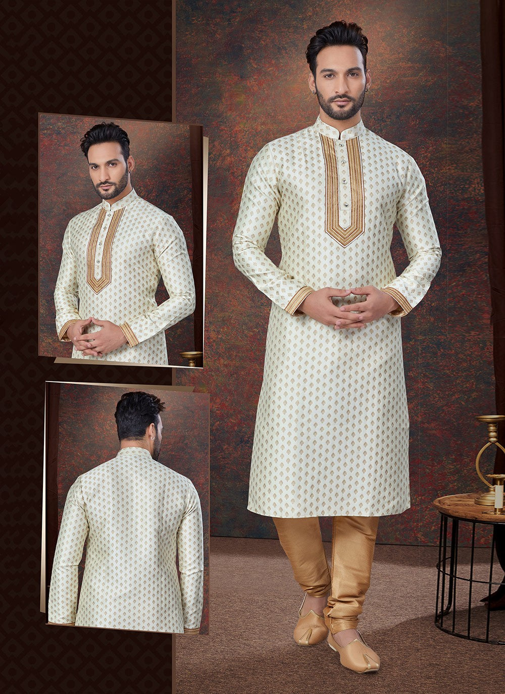 Machine Embroidery Jacquard Cream Kurta Pyjama - M7587