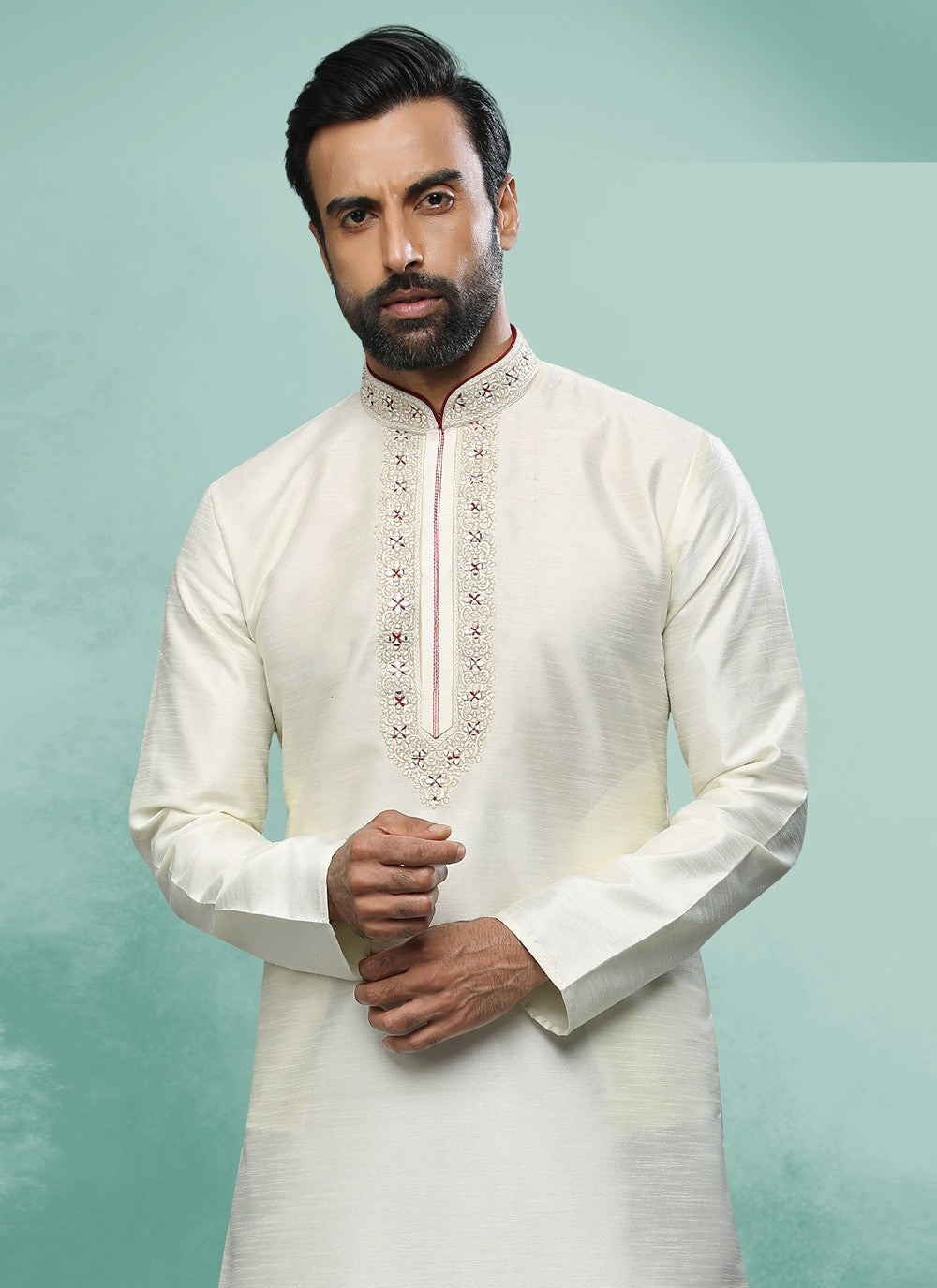 Embroidered Art Silk Cream Kurta Pyjama - M4367