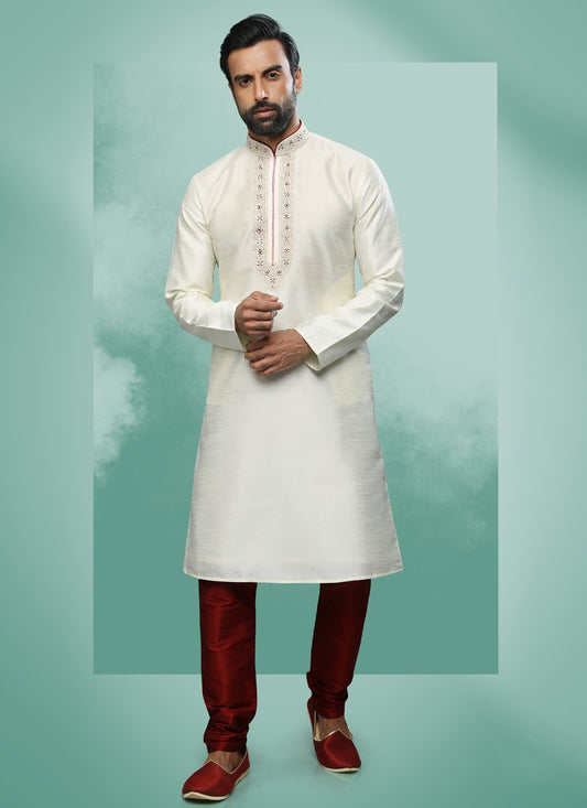 Embroidered Art Silk Cream Kurta Pyjama - M4367