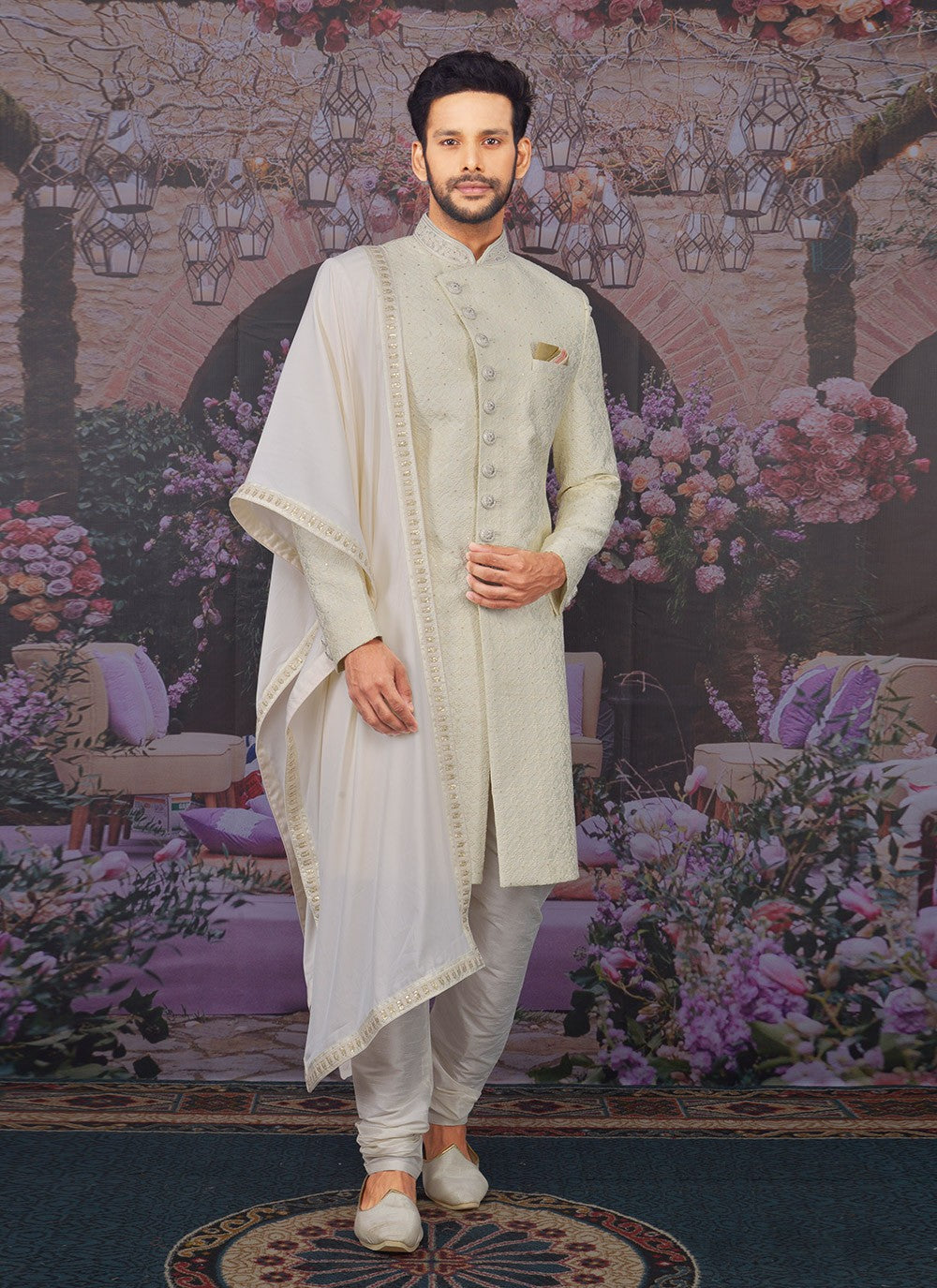 Embroidered Banarasi Silk Cream Sherwani - M3304