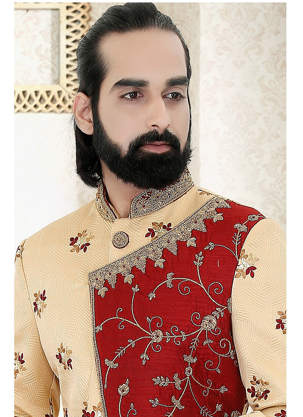 Embroidered Brocade Cream Indo Western Sherwani - M1897