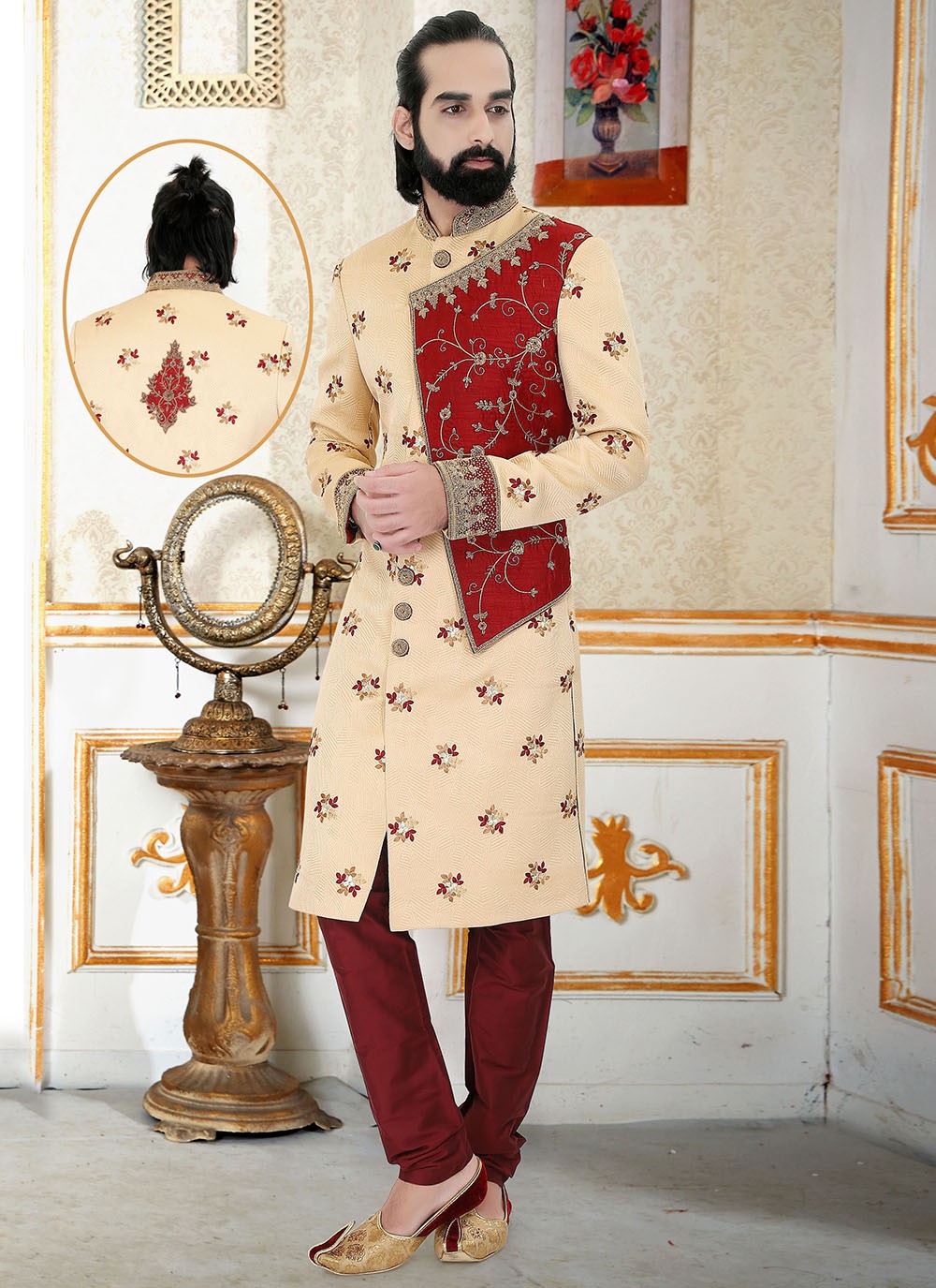 Embroidered Brocade Cream Indo Western Sherwani - M1897