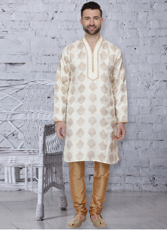 Printed Dupion Silk Cream Kurta Pyjama - M1058