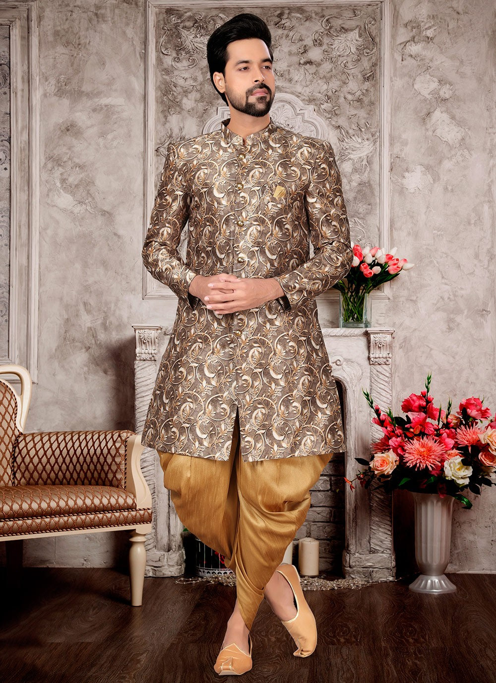 Digital Print Fancy Fabric Cream Indo Western Sherwani - M2988