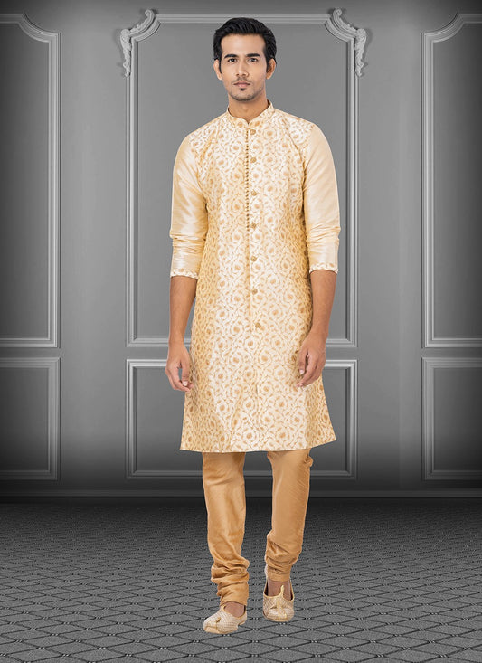 Embroidered Dupion Silk Cream Kurta Pyjama - M3699