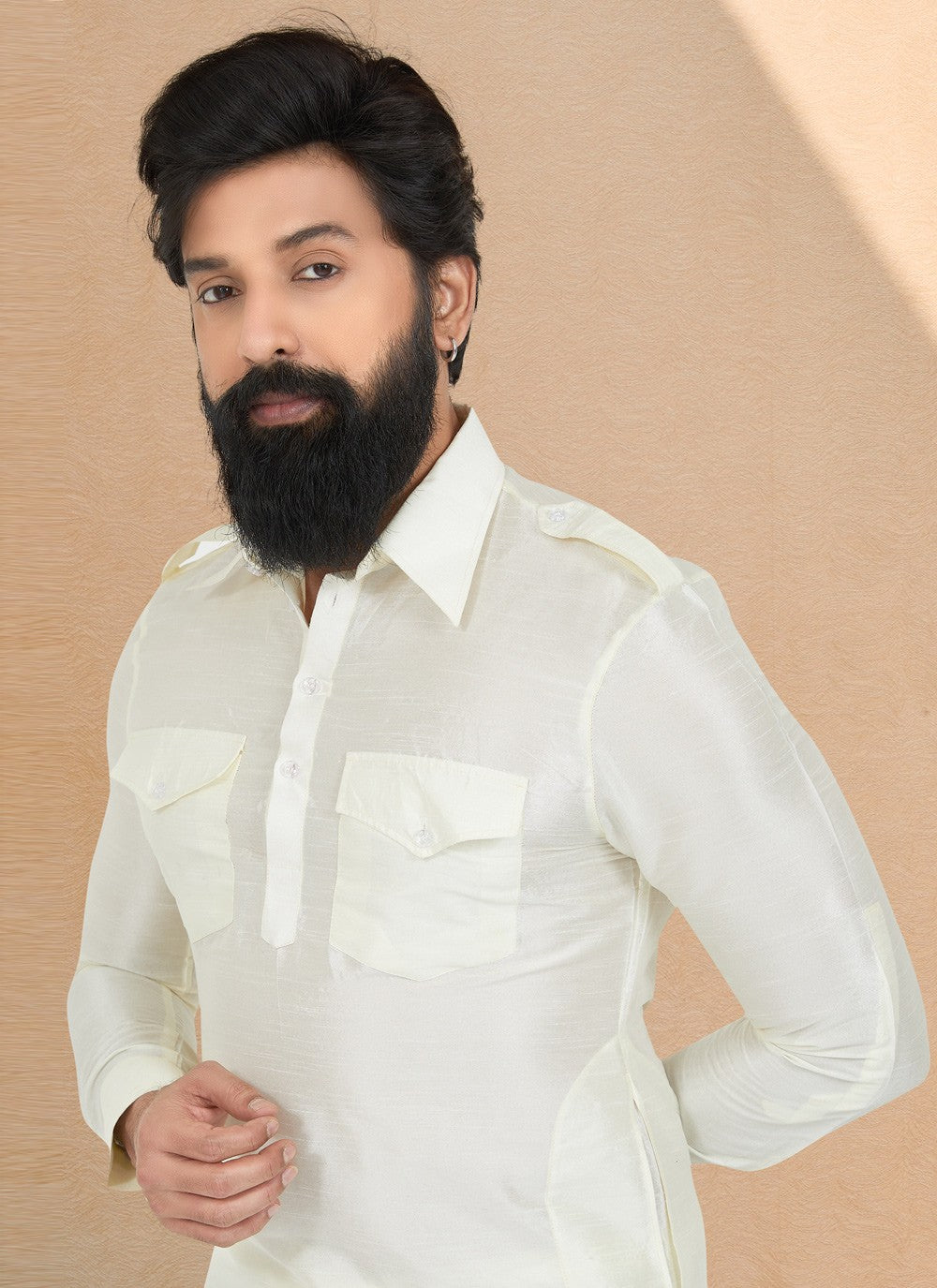 Plain Dupion Silk Cream Kurta Pyjama - M5022