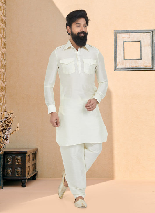 Plain Dupion Silk Cream Kurta Pyjama - M5022