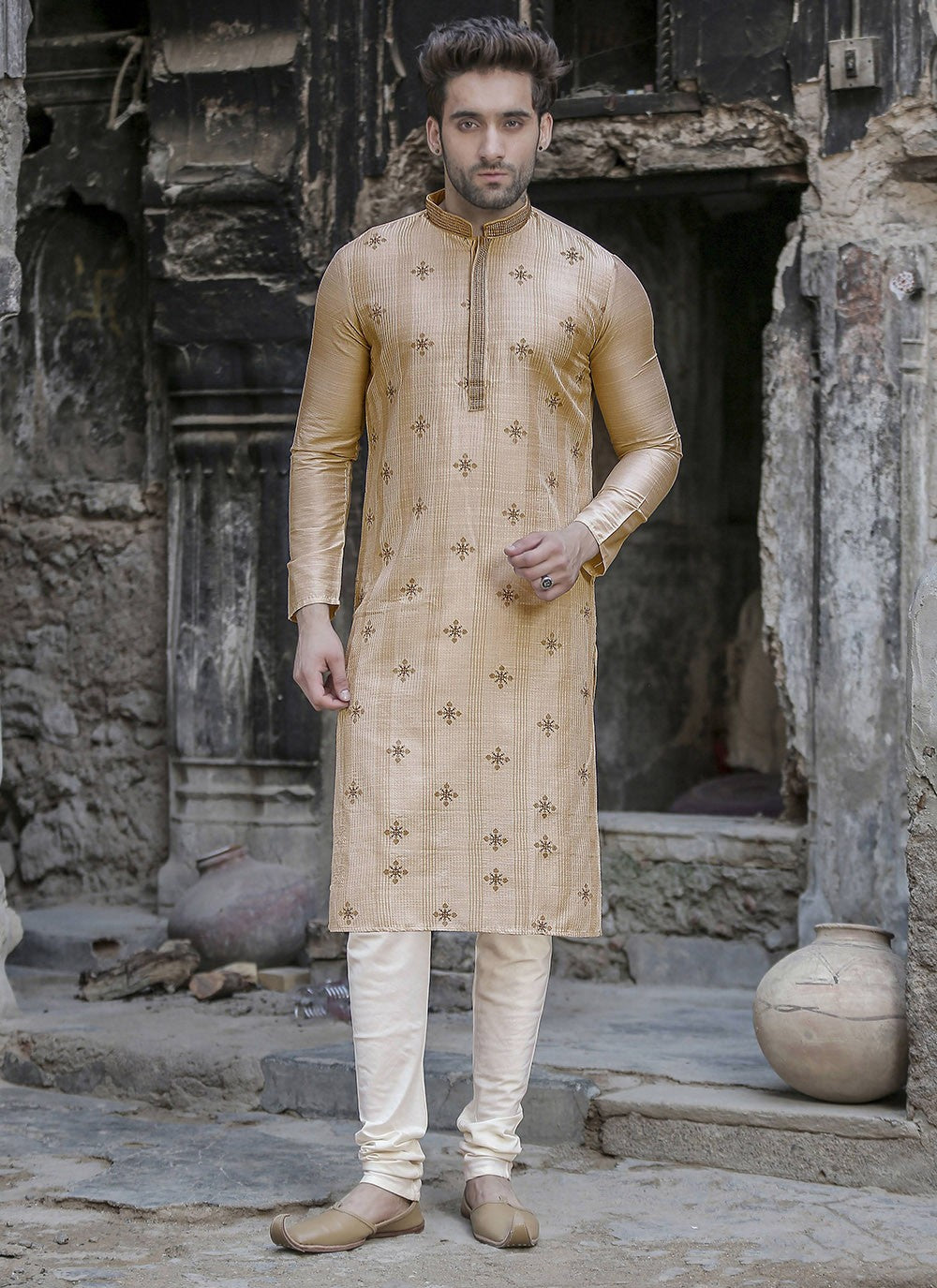 Embroidered Poly Silk Cream Kurta Pyjama - M2335