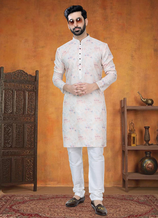 Printed Cotton Cream Kurta Pyjama - M8798