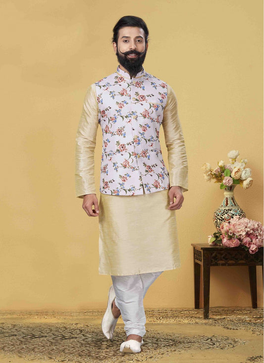 Printed Art Dupion Silk Cream Kurta Payjama With Jacket - M1724