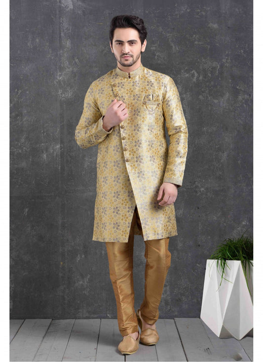 Printed Jacquard Silk Cream Indo Western - M1782