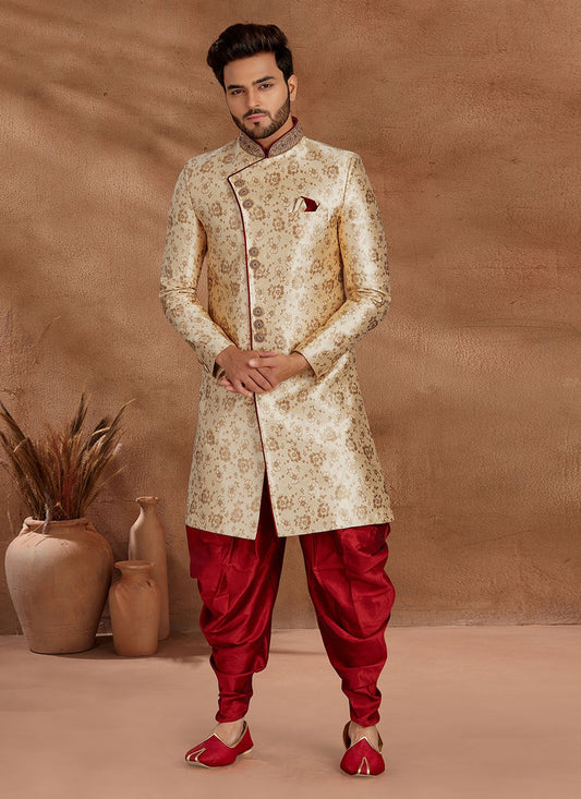 Jacquard Work Jacquard Cream Indo Western Sherwani - M2701