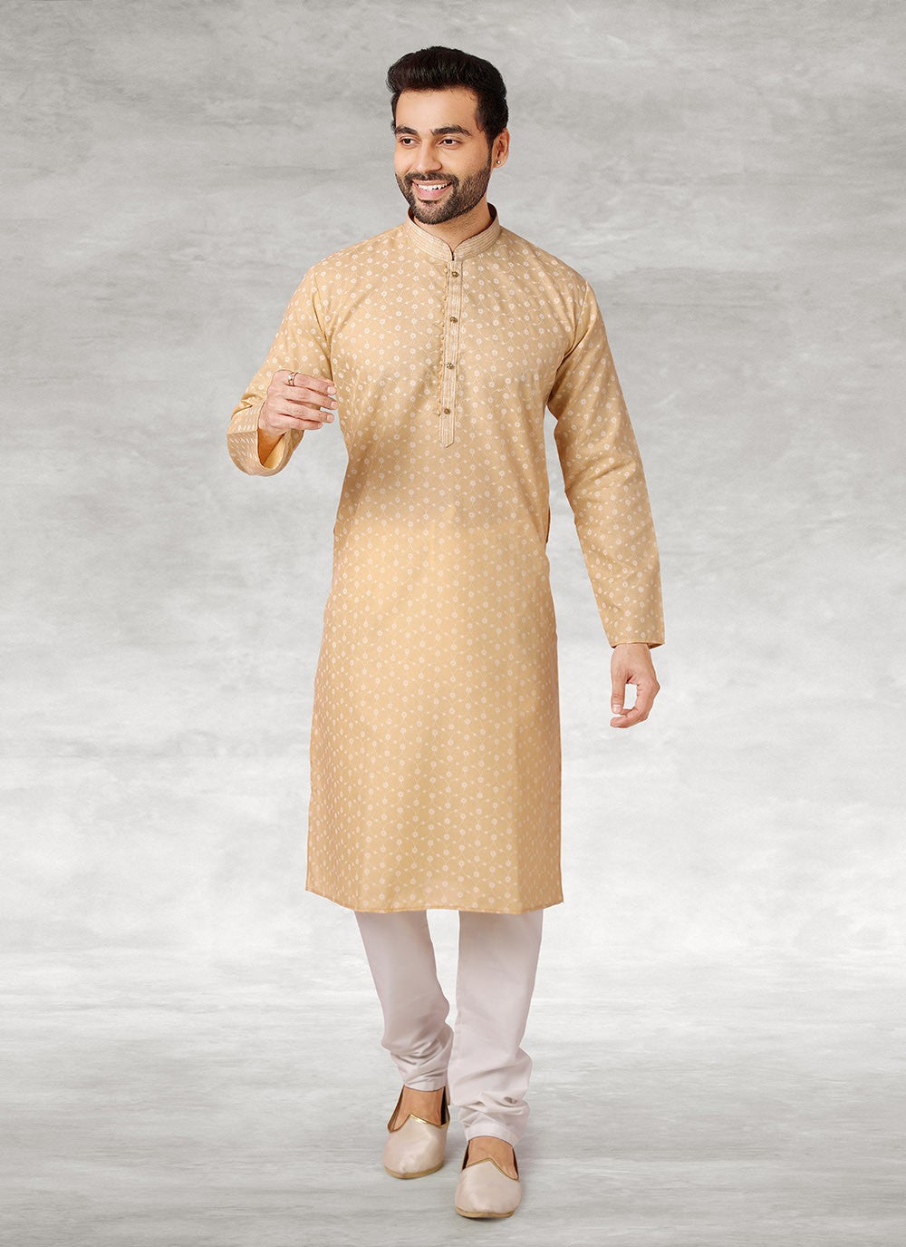 Printed Handloom Cotton Cream Kurta Pyjama - M2694