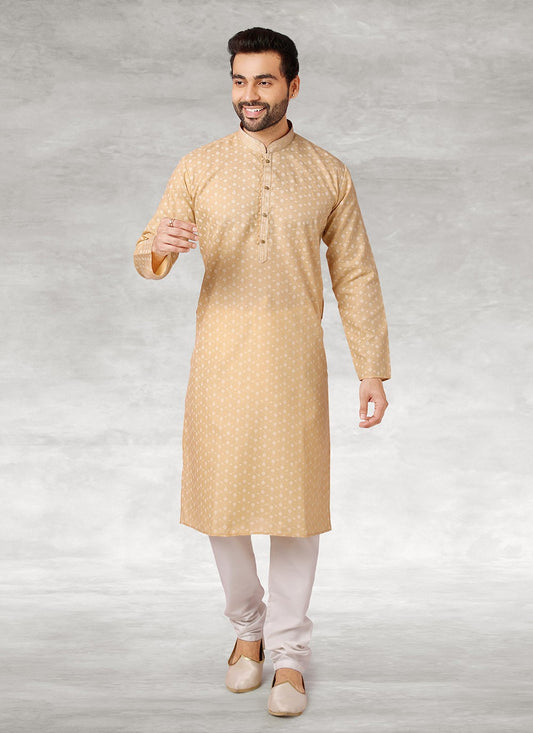 Printed Handloom Cotton Cream Kurta Pyjama - M2694