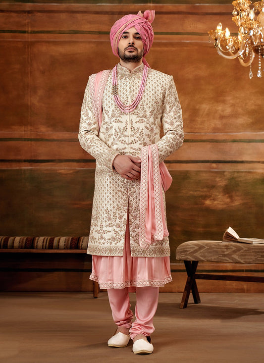 Hand Embroidery Art Silk Cream Sherwani - M4292