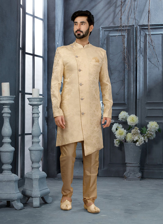 Resham Jacquard Cream Indo Western Sherwani - M2916