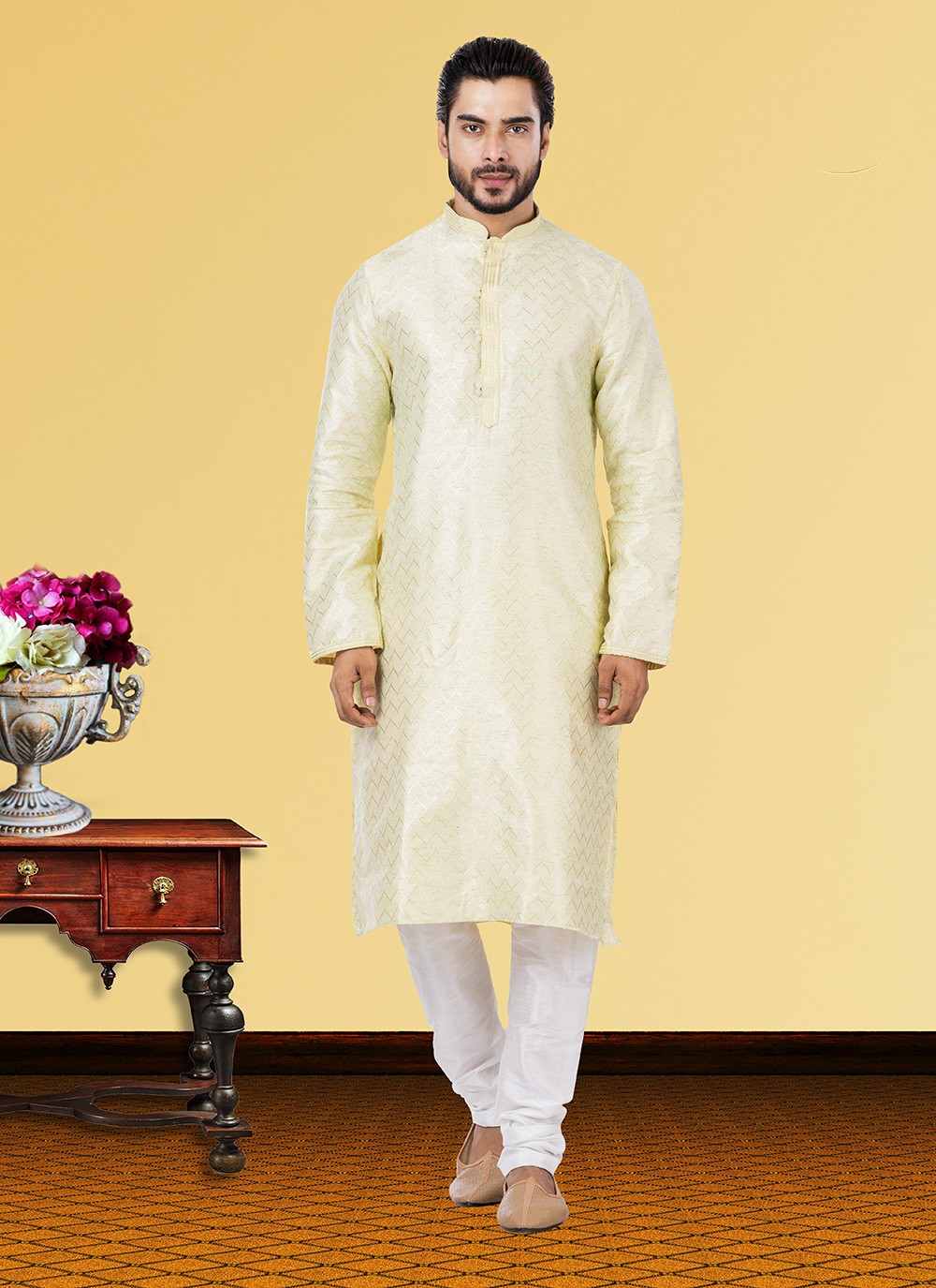 Fancy Work Linen, Silk Cream Kurta Pyjama - M3687