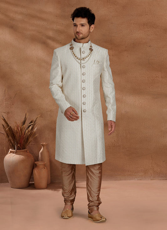 Fancy Work Silk Cream Indo Western Sherwani - M2788